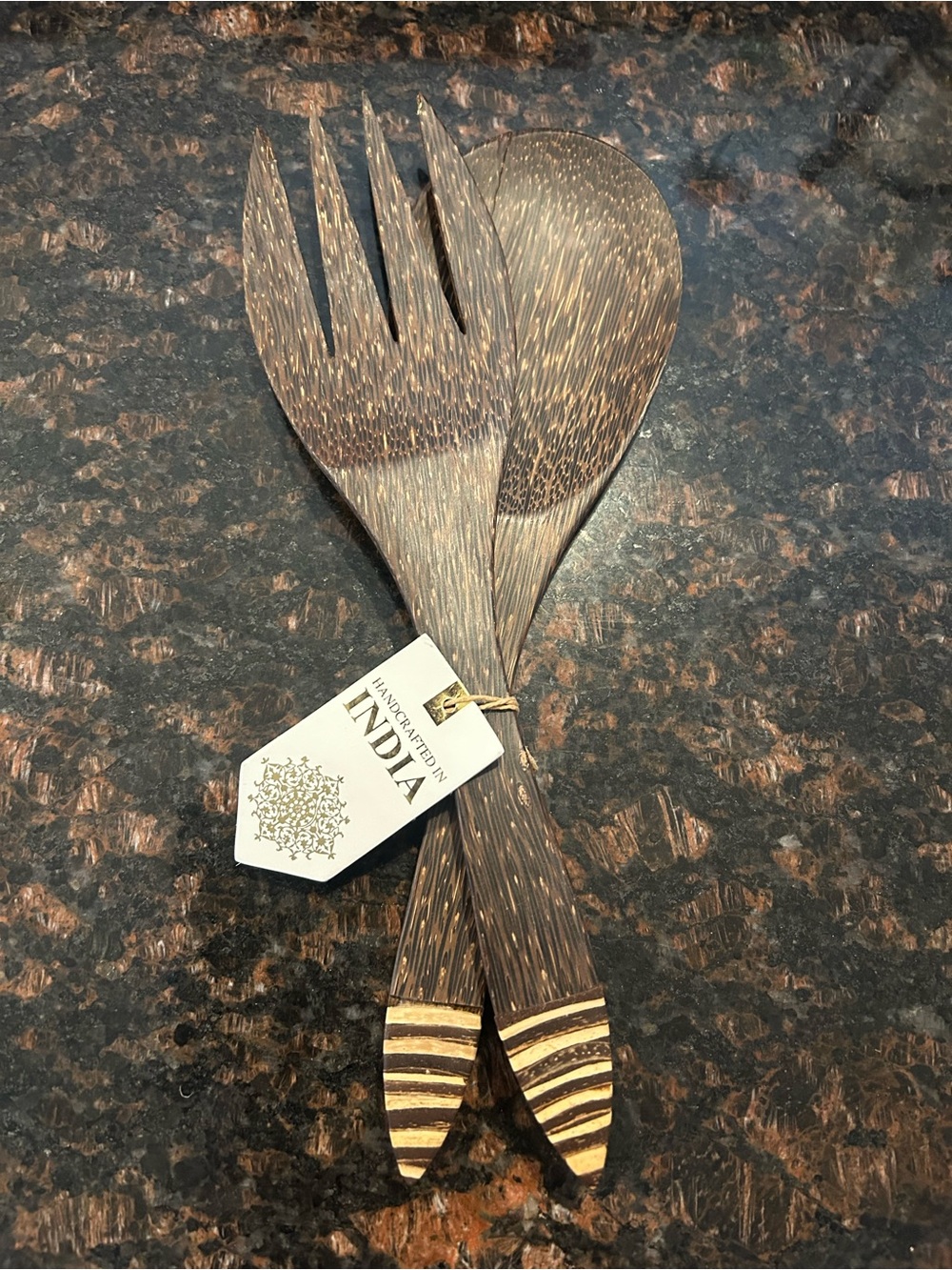 Handcrafted Brown Coconut Wood Salad Servers - Set of 2